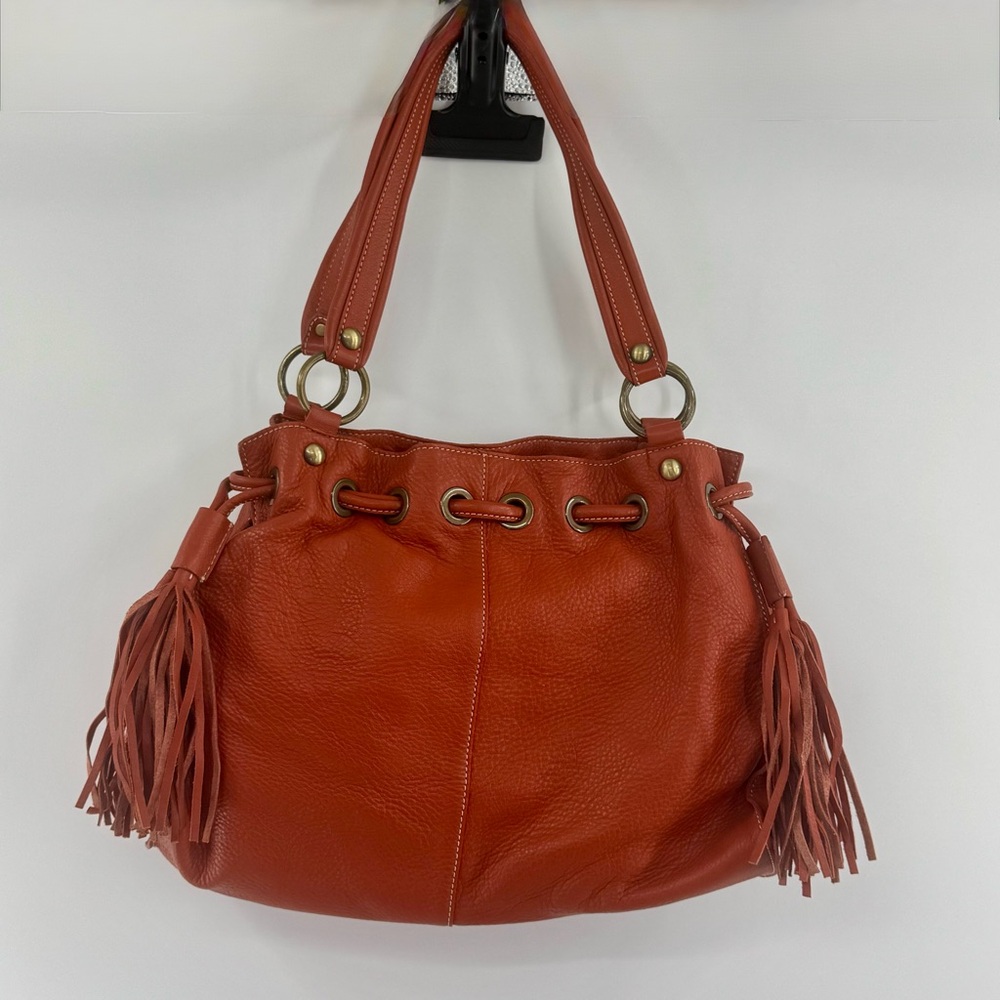 Nordstrom Genuine Leather Tassel Shoulder Bag Tote Boho Burnt Orange